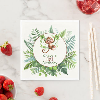 Serviette En Papier Jungle Monkey Hanging On Branch First Birthday 