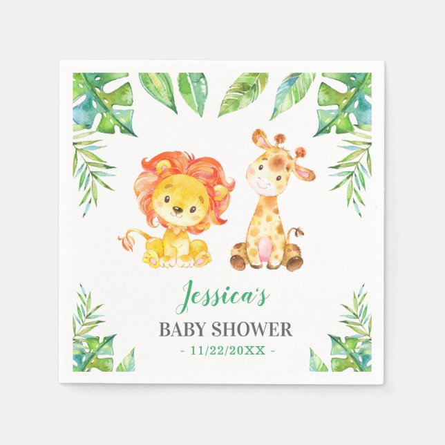 Serviette En Papier Jungle Safari Vert bébé garçon douche Lion Giraffe (Devant)