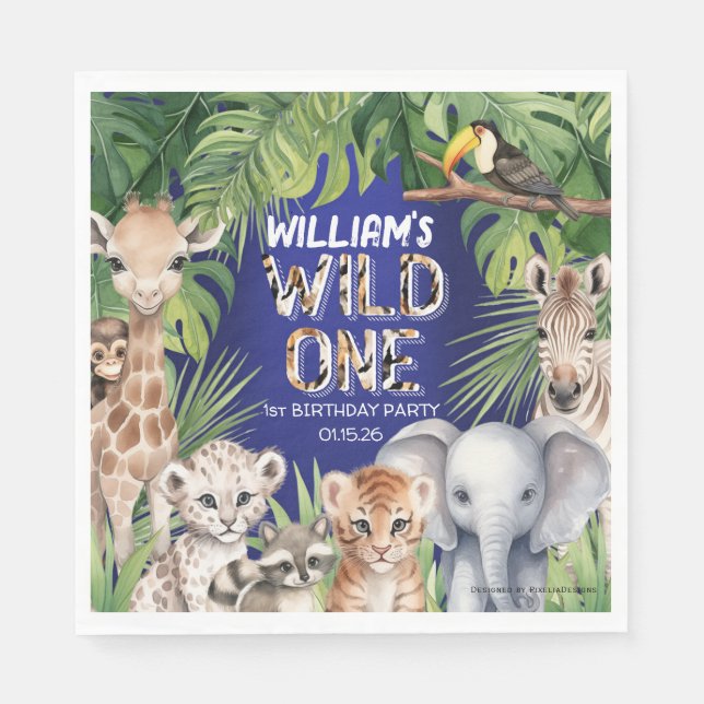 Serviette En Papier Jungle thème 1er anniversaire Wild one marine bleu (Devant)