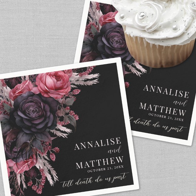 Serviette En Papier Jusqu'à ce que la mort nous sépare Mariage gothiqu (Till Death Do Us Part Gothic Black Floral Wedding Napkins)