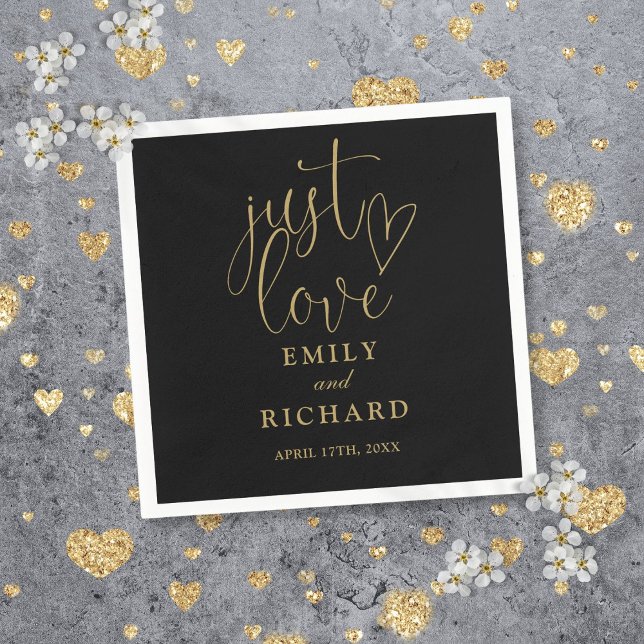 Serviette En Papier Juste Love Script Élégant Mariage Noir Et Or (Just Love Script Elegant Black And Gold Wedding Napkins)