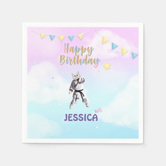 Serviette En Papier Karate Chat Anniversaire Fête Fille Taekwondo (Devant)