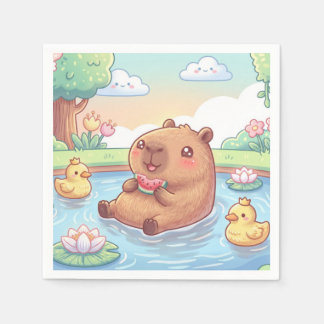 Serviette En Papier Kawaii capy in a pond
