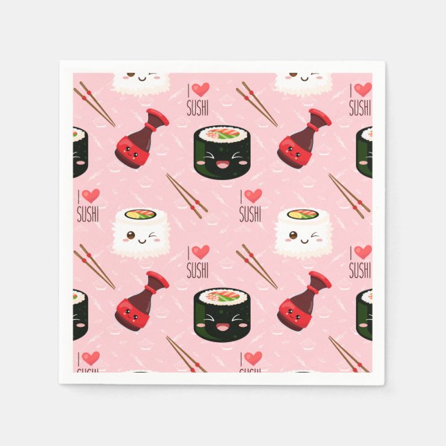 Serviette En Papier Kawaii Sushi Motif rose clair (Devant)