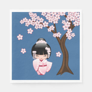 Serviette En Papier Kimono rose Kawaii Poupée Kokeshi sur fond bleu