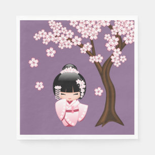 Serviette En Papier Kimono rose Kawaii Poupée Kokeshi sur fond violet