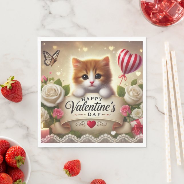 Serviette En Papier Kitten adorable avec Roses, bougies et coeurs (En situation)