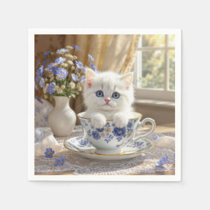 Serviette En Papier Kitten blanc dans une Tea up