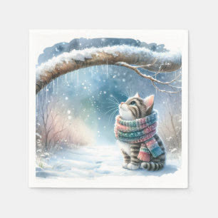 Serviette En Papier Kitten portant une écharpe d'hiver