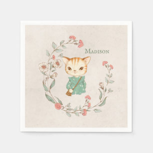 Serviette En Papier Kitty Chat Floral Nom personnalisé Girly Kitten