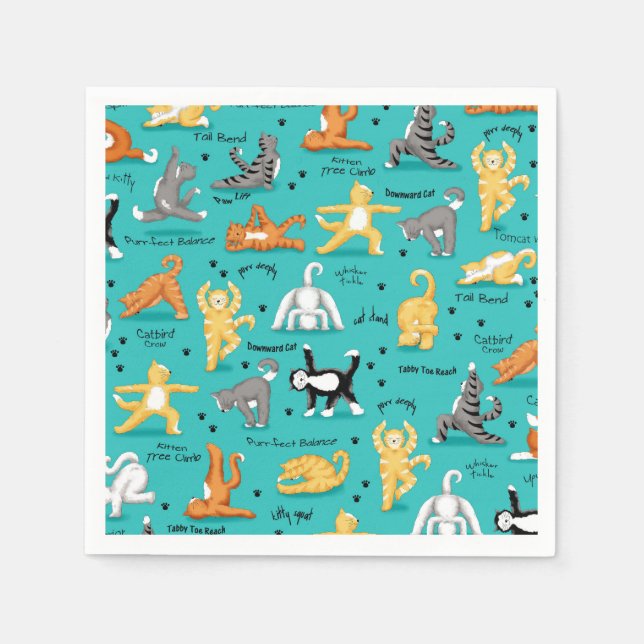 Serviette En Papier Kitty Chat Yoga Poses Turquoise Bleu Whimsy (Devant)