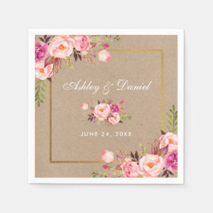 Serviette En Papier Kraft Aquarelle rose Blush Floral Mariage or