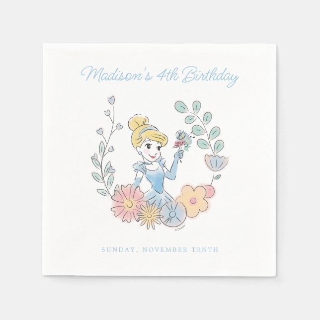 Serviette En Papier La Cendrillon de Disney | Floral Aquarelle Anniver (Devant)