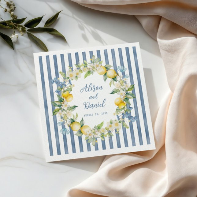 Serviette En Papier La Dolce Vita Lemon Floral Papier Mariage Napkin (Chic striped wedding napkins that add a fresh pop of citrus to your tables.)