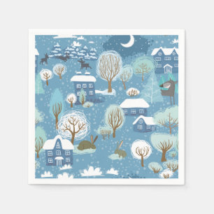 Serviette En Papier La nuit d'hiver vintage village animal scène
