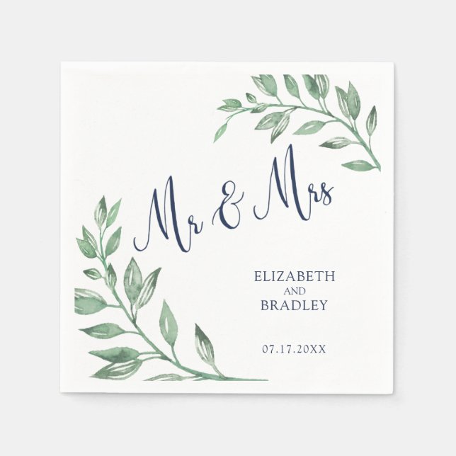 Serviette En Papier La verdure | Navy Blue Script Mr et Mrs. | MARIAGE (Devant)