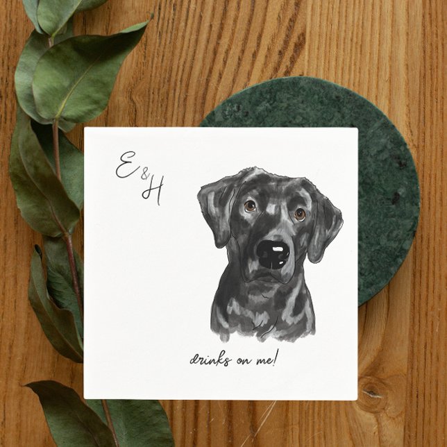 Serviette En Papier Laboratoire noir Mariage d'aquarelle chien Cocktai (Créateur téléchargé)