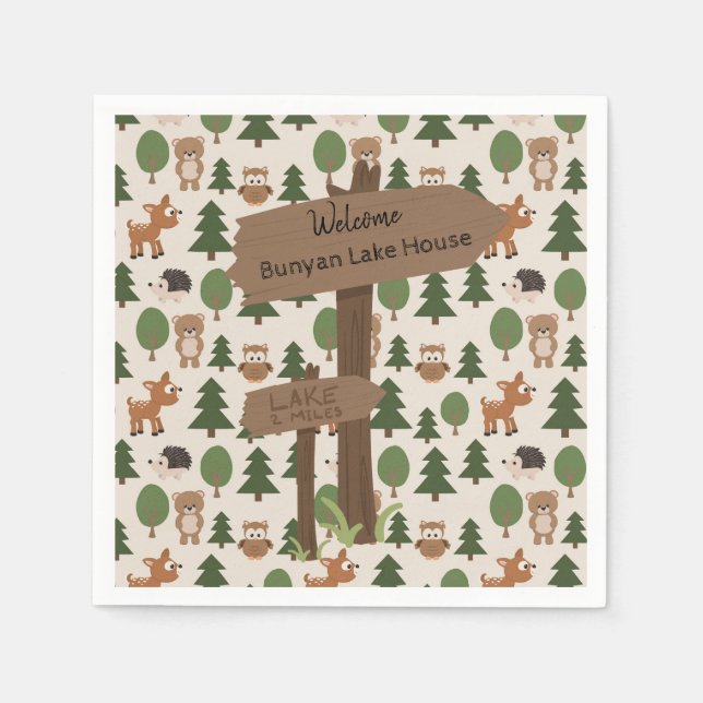 Serviette En Papier Lac House Cute Rustic Forest Animaux sur mesure (Devant)