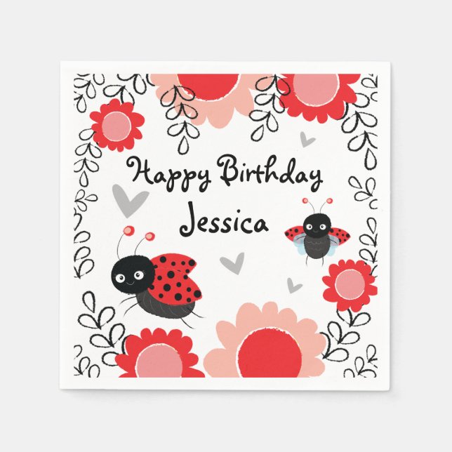 Serviette En Papier Ladybug Pink and Red Floral Bithday Party (Devant)