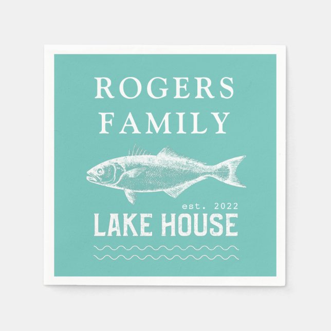 Serviette En Papier Lake House Nom de famille Turquoise Blue Paper (Devant)