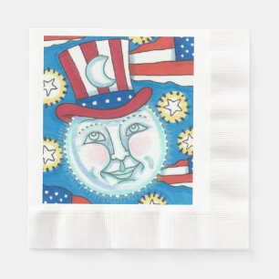SERVIETTE EN PAPIER L'AMÉRICANA FOLK ART PATRIOTIQUE HOMME DANS LA LUN