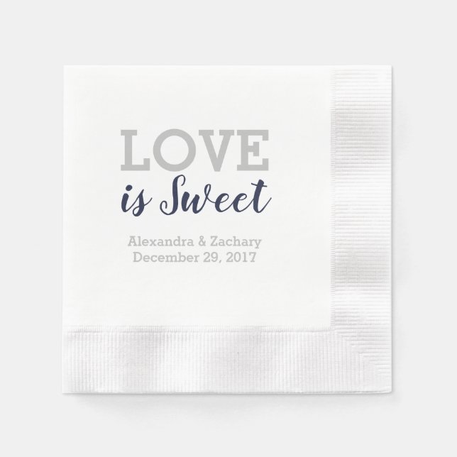 Serviette En Papier L'amour est douce Marine bleu Mariage d'argent Fia (Devant)