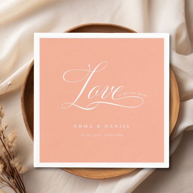 Serviette En Papier L'amour est tout ce dont vous avez besoin ! Élégan (Love is all you need! Elegant, wedding Napkins, scripted font with your name & date.)