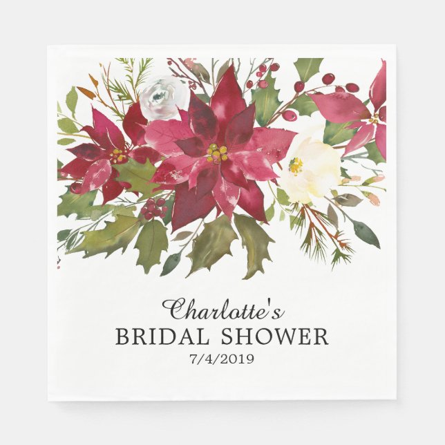 Serviette En Papier Lancement de mariage au poinsettia rouge aquarelle (Devant)