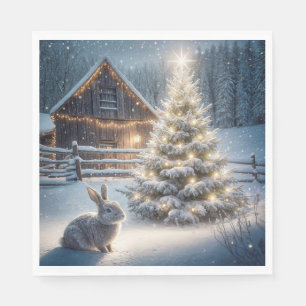 Serviette En Papier Lapin de Noël avec arbre brillant et grange