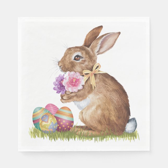 Serviette En Papier Lapin de Pâques avec oeufs et fleurs (Devant)
