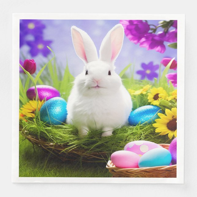 Serviette En Papier Lapin De Pâques Avec Panier À Oeufs De Pâques (Devant)