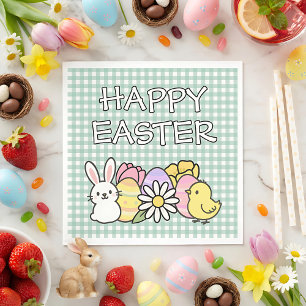 Serviette En Papier Lapin de Pâques Œufs Poulet Floral Gingham Vert