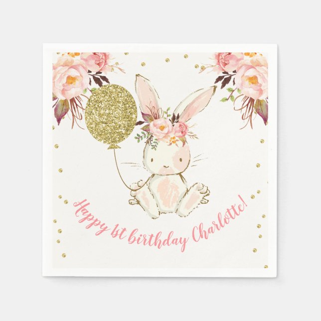 Serviette En Papier Lapin Floral Joyeux Papier d'Anniversaire Napkin (Devant)