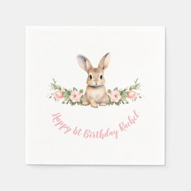 Serviette En Papier Lapin Rose Floral fille 1er anniversaire (Devant)