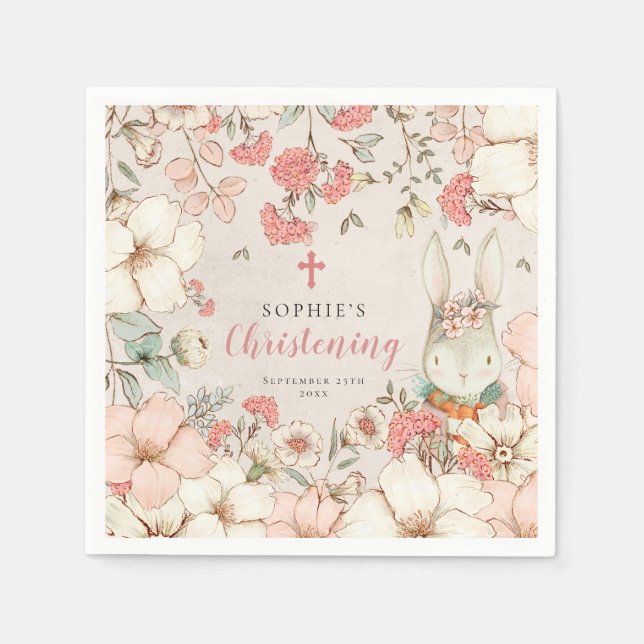 Serviette En Papier Lapin Vintage Floral Foliage Fille Christening (Devant)