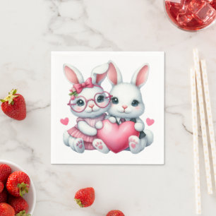 Serviette En Papier Lapins mignons partageant la Saint-Valentin cœur