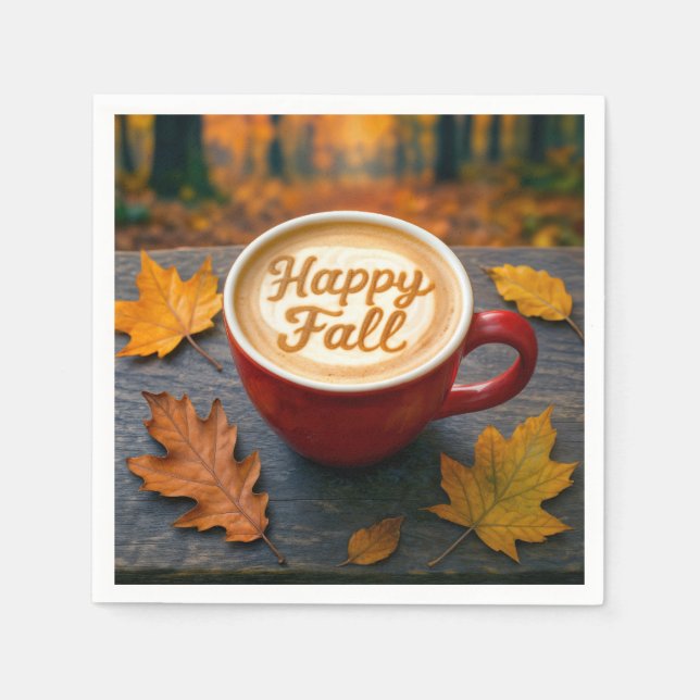 Serviette En Papier Latte Happy Fall Dans Une Mug Rouge Avec Feuilles  (Devant)