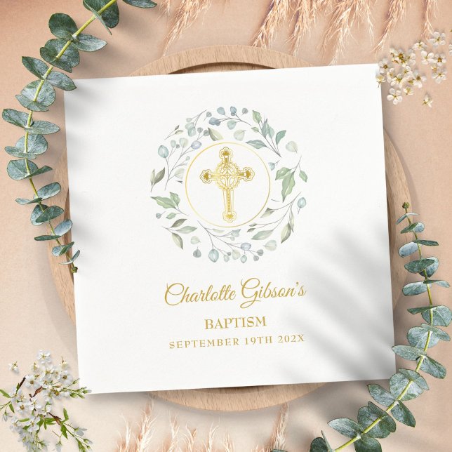 Serviette En Papier Laurel Garland Gold Cross Baptême Christening (Laurel Garland Gold Cross Baptism Christening Napkins)
