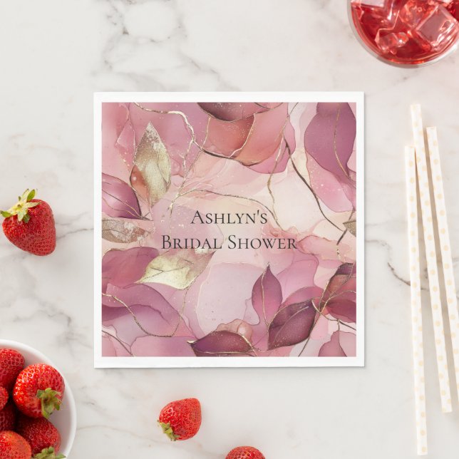 Serviette En Papier Lavage Rose Feuilles Dorées Baby Shower (En situation)