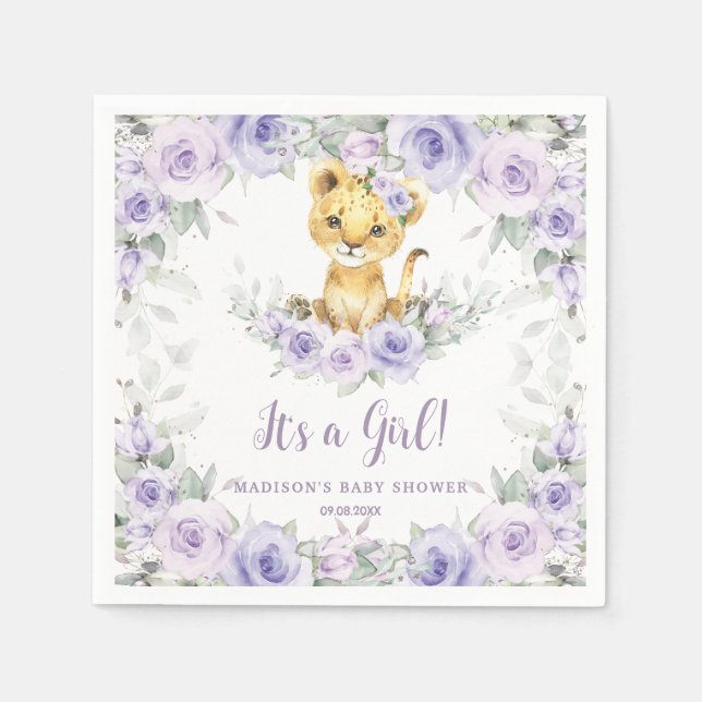 Serviette En Papier Lavande Purple Floral Lion Cub Baby shower (Devant)