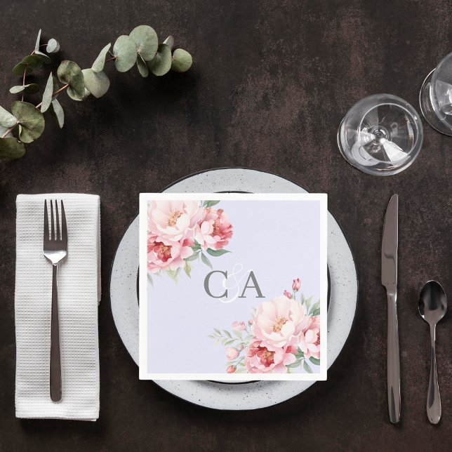Serviette En Papier Lavande rose roses floraux monogramme mariage (Créateur téléchargé)