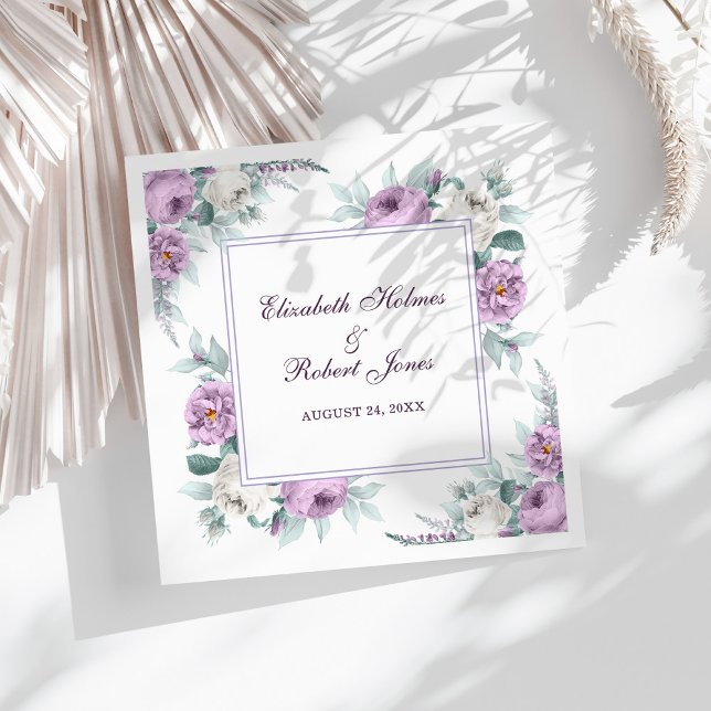 Serviette En Papier Lavande violet pivoines blanches Mariage serviette (Lavender Purple White Peonies Wedding Napkins on a sunny white table.)