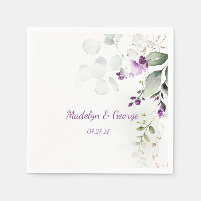 Serviette En Papier Lavande violette Plante et Mariage vert clair (Devant)