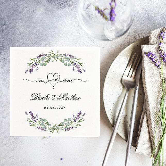 Serviette En Papier Lavender eucalyptus script m mrs coeur mariage (Créateur téléchargé)