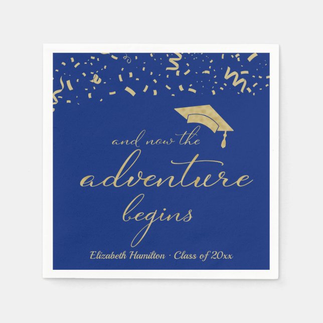 Serviette En Papier L'aventure commence Gold Foil Blue Grad Party (Devant)