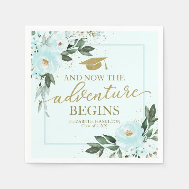 Serviette En Papier L'aventure commence Gold Turquoise Floral Grad Par (Devant)