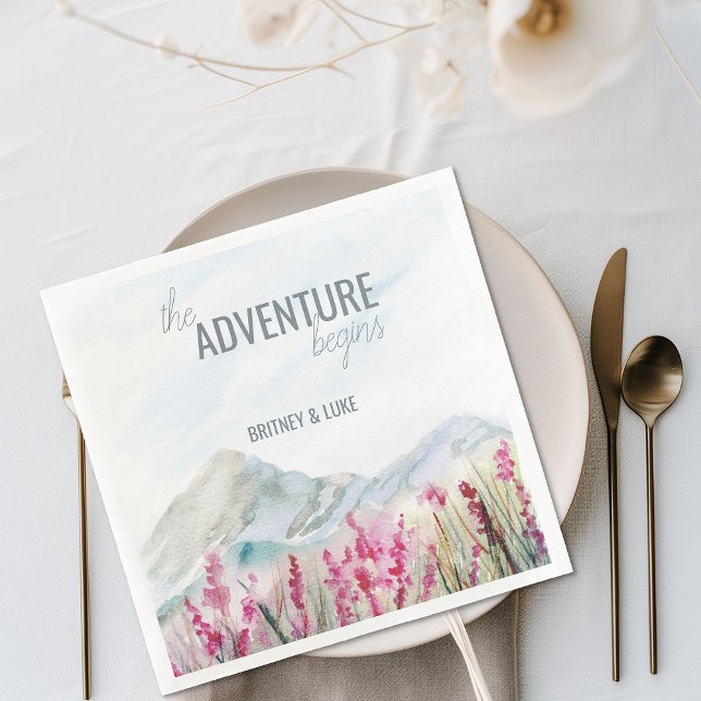 Serviette En Papier L'aventure commence Mountain Mariage Aquarelle (Mountain wedding dinner napkins)