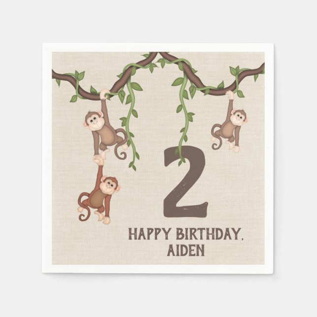 Serviette En Papier Le 2e anniversaire de l'enfant des mignons singes (Devant)