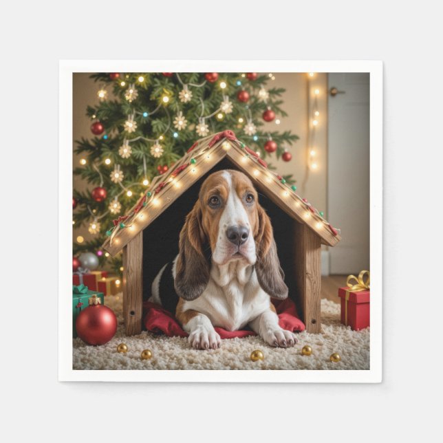 Serviette En Papier Le Basset de Noël dans une niche (Devant)
