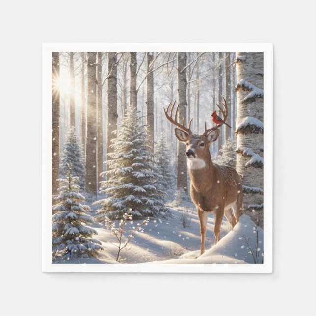 Serviette En Papier Le Cardinal Rouge perché sur les Antlers d'un cerf (Devant)